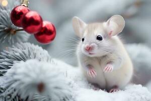 A mouse near a Christmas tree in the snow. AI generated photo