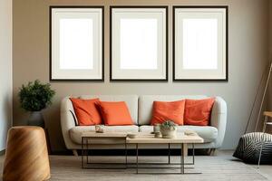 The interior of the living room with a sofa and a frame on the wall. AI generated photo