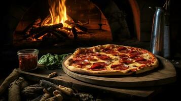 Italian pizza piponi on a wooden board near the stove with fire. AI generated photo