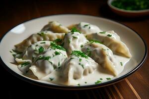 Dumplings with sour cream and dill with herbs. AI generated photo