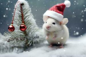 un ratón en un Papa Noel claus sombrero cerca el Navidad árbol. ai generado foto