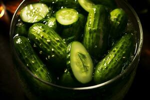 Pickled cucumbers in a marinade with herbs. AI generated photo