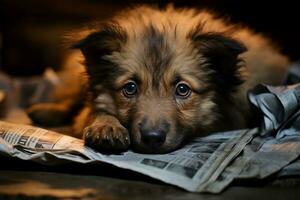 A little stray puppy is lying on a newspaper. AI generated photo