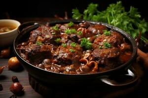 rabo de toro de largo Cocinando en un cacerola. ai generado foto