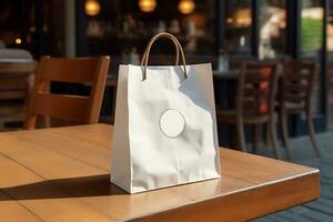 A white paper bag with handles is on the table in the cafe. Takeaway food, delivery. AI generated photo