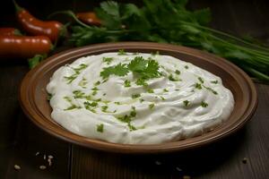 Fat white sour cream in a plate. AI generated photo