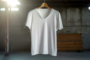 A white T-shirt is hanging on a hanger. AI generated photo