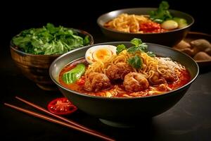Asian noodles with curry in a bowl with fish balls and chicken pieces with chili paste. AI generated photo