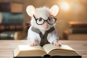 A white mouse with glasses looks at a book in the library. AI generated photo