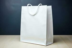A mock-up of a white bag is on the table. AI generated photo