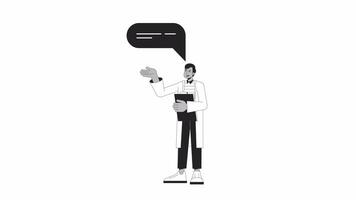 Indian scientist talking with speech bubble bw outline 2D character animation. Monochrome linear cartoon 4K video. South asian man talking in lab coat animated person isolated on white background video