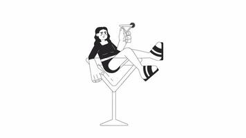 Cocktail party bw 2D animation. Arab woman with margarita glass 4K video motion graphic. Cheers. Young adult having fun with drink monochrome outline animated cartoon flat concept, white background