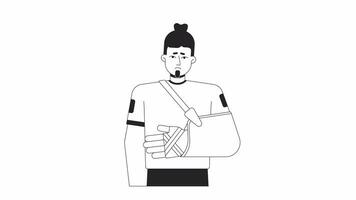 Upset man with arm brace bw outline 2D character animation. Caucasian male patient monochrome linear cartoon 4K video. Sighing man looking on bandage hand animated person isolated on white background video