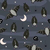 Seamless pattern with bats sleeping upside down, moon, skull. Halloween print. Vector graphics.