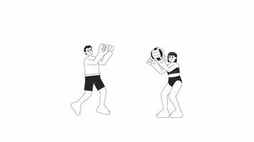 People playing volleyball bw 2D characters animation. Friends beach day outline cartoon 4K video, alpha channel. Hispanic man throwing ball to asian woman animated people isolated on white background video