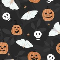 Seamless pattern with night mystical Halloween print with pumpkins and butterflies. Vector graphics.