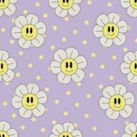 1970 seamless naive pattern with a daisy with a smile. Hippie aesthetics. Retro floral lavender background. Groovy hippie 70s.Flower power. Vector illustration