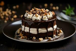 Chocolate cake with nuts and cream. AI generated photo