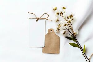 A mock - up of a white and brown empty tag with a rope. AI generated photo