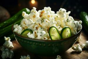 Popcorn with pickled pickles. AI generated photo