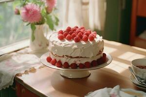 Sponge cake with cream and raspberries. AI generated photo