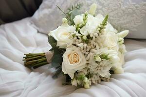 The wedding bouquet is lying on the bed. AI generated photo