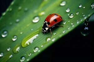 Insect ladybug on the street in dewdrops. AI generated photo