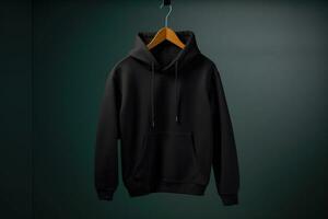 A black children's sweatshirt with a hood and a pocket hangs on a hanger. generated by artificial intelligence photo