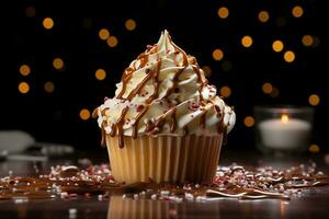 Vanilla cupcake with cream and chocolate chips. AI generated photo