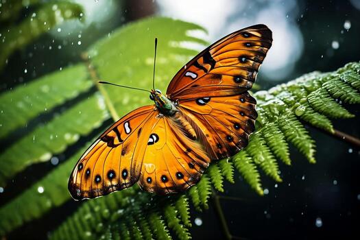 A butterfly with orange wings sits on a fern. AI generated photo