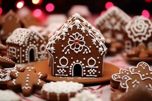 pan de jengibre Navidad pasteles en el formar de casas ai generado foto