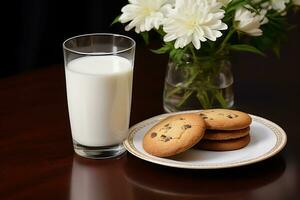 A glass of milk , cookies on a plate. AI generated photo