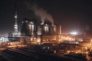 Charcoal power plant complex at industrial district with three smokestacks at night generative ai photo