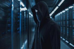 Anonymous hacker with hood and mask steals data inside data center generative ai photo