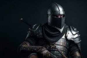 Armed fantasy warrior in metal armor and helmet generative ai photo