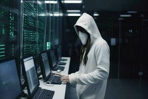 Anonymous hacker with hood and mask steals data inside data center generative ai photo