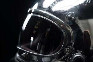 Astronaut helmet detail with glossy glass and reflections on metal surface photo