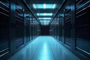 Corridor in server room of cybernetic data center photo