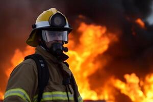 Concentrated fireman with helmet at action with fire at background photo