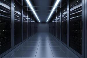 Corridor in server room of cybernetic data center photo