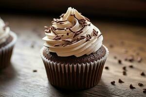 A chocolate cupcake with cottage cheese cream and chocolate chips stands. AI generated photo