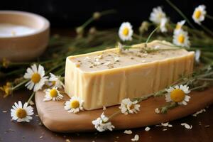 Handmade soap with chamomile flowers. AI generated photo