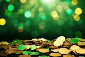 Gold coins on a green background, St. Patrick's Day celebration. AI generated photo