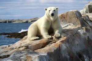 A polar bear is sitting on a rock. generated by artificial intelligence photo