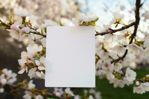 A white blank sheet of paper hangs on a blooming spring tree . Postcard layout, place for text. AI generated photo