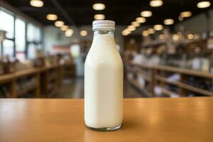 un botella de Leche es en el mesa en el almacenar. Sin lactosa Leche en un vaso botella. generado por artificial inteligencia foto