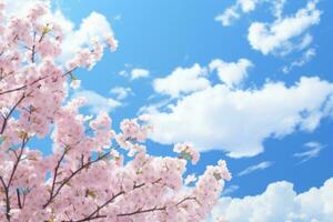 Cereza flores, azul cielo y blanco nubes ai generado foto