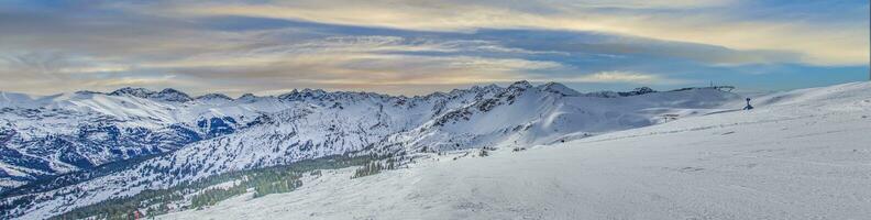 Panoramic image of a ski slope in Ifen ski resort in Kleinwalsertal valley in Austria photo