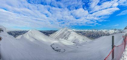 Panoramic image of a ski slope in Kanzelwand ski resort in Kleinwalsertal valley in Austria photo