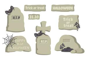 Happy Halloween. Doodle hand drawn tombstones with spider, cobweb, ground, text. Set of monuments, tombs of various form, size with old carved inscriptions. Vector flat illustration